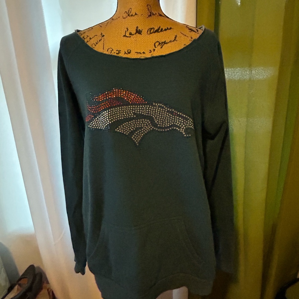 NFL Blue and Orange Off Shoulder Sweater with Crystal Denver Bronco Logo